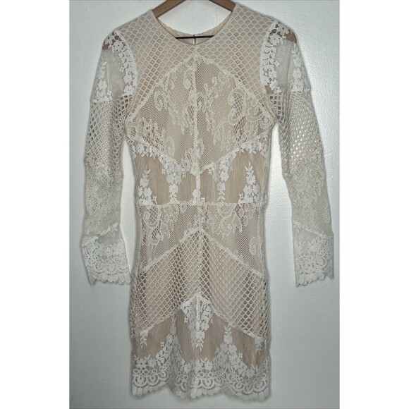 Sandro Floral Lace Panel Mini Dress size 4 White Nude Beach Wedding Long sleeve - Picture 1 of 6